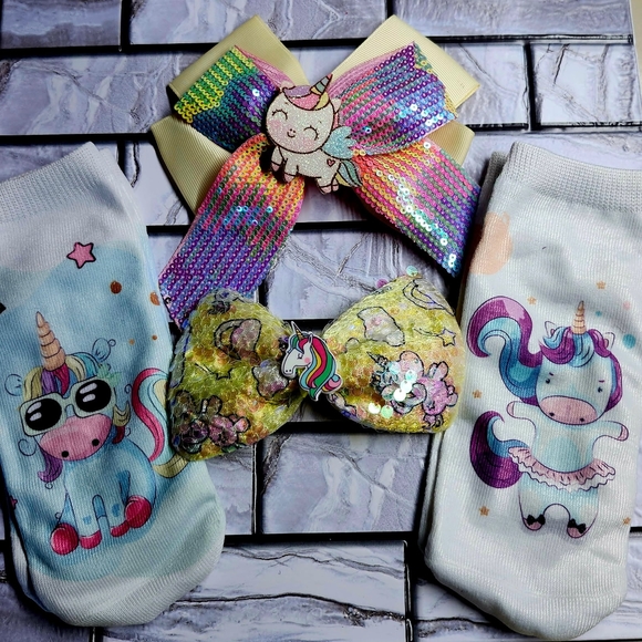Unicorn Kids Socks and Hair Bow Set - Picture 1 of 1